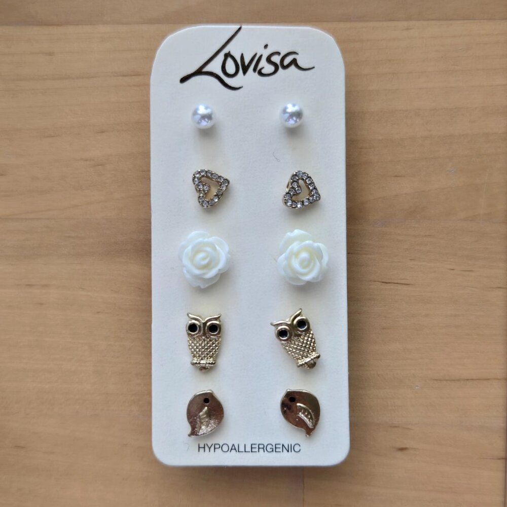 gold white stud earring hypoallergenic set of 5, pearl, heart, rose, owl, bird